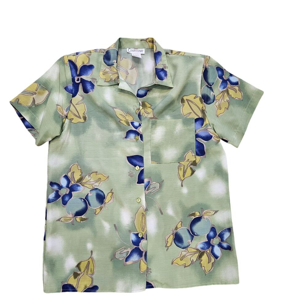 Vtg Courtenay Floral Fruit Print Top Womens Size S Green Blue Artsy Cottage Retr